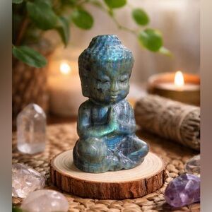 Flashy Labradorite Buddha Crystal Statue Meditation Decor Spiritual Energy Stone